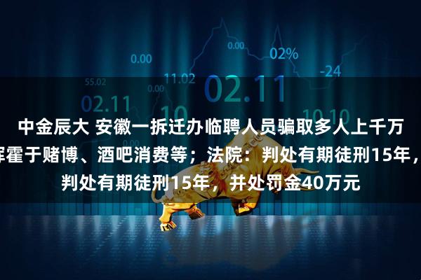 中金辰大 安徽一拆迁办临聘人员骗取多人上千万元购房款，赃款挥霍于赌博、酒吧消费等；法院：判处有期徒刑15年，并处罚金40万元