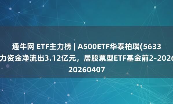通牛网 ETF主力榜 | A500ETF华泰柏瑞(563360)主力资金净流出3.12亿元,居股票型ETF基金前2-20260407